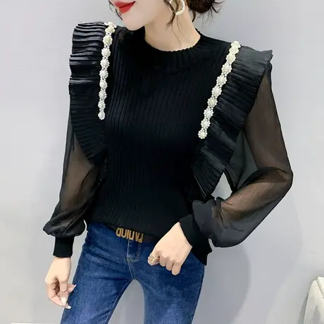 雪纺拼接针织衫女长袖春秋2024新款钉珠荷叶边上衣打底衫设计感潮图片