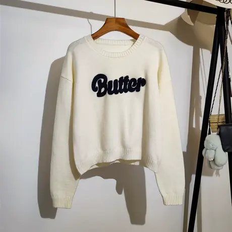 学院风针织衫上衣女宽松百搭秋冬新款宽松圆领显瘦短款毛衣外穿潮图片