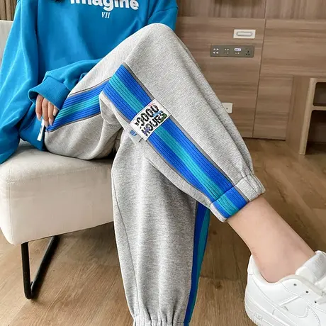 灰色条纹运动裤女春秋宽松束脚ins潮小个子休闲裤子显瘦哈伦卫裤商品大图