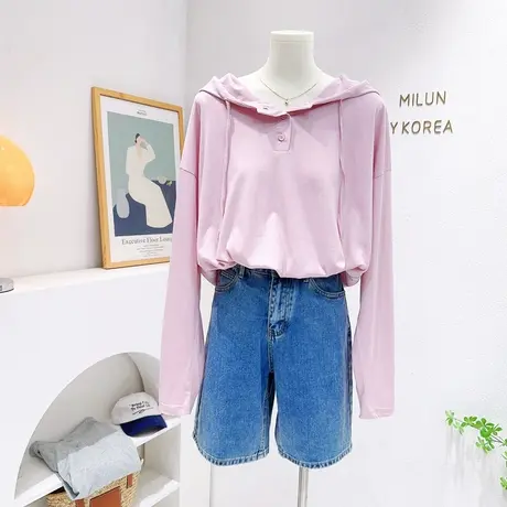 韩国东大门纯欲风薄款长袖T恤2023夏款三粒扣连帽防晒衫上衣轻薄图片