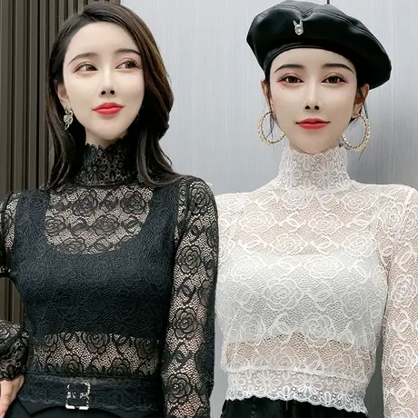 半高领网纱长袖蕾丝衬衫女早秋2022新款时尚镂空网纱洋气小衫秋款图片