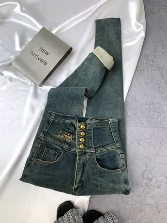 排扣复古牛仔铅笔裤女2023秋冬新款显瘦高腰弹力包臀加绒小脚长裤商品大图