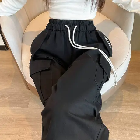 美式黑色工装裤女秋季新款高腰显瘦宽松阔腿抽绳束脚休闲运动裤子图片