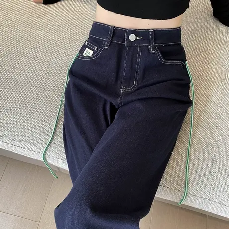 直筒窄版阔腿牛仔裤女2023秋季新款宽松高腰设计感印花显瘦拖地裤商品大图