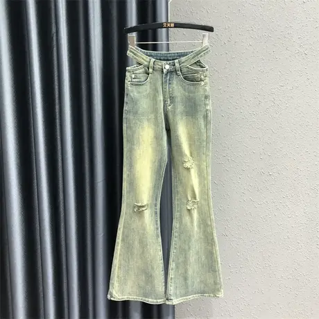 2023秋季新款镂空设计感辣妹牛仔微喇长裤女高腰修身磨破喇叭裤潮商品大图