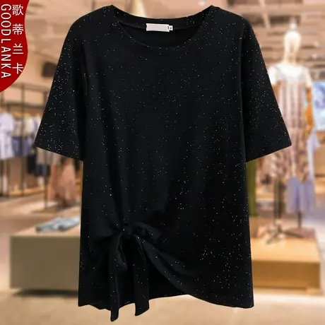 夏季大码200斤亮晶晶短袖T恤洋气时尚年轻胖妈妈蝴蝶结遮肚子上衣商品大图