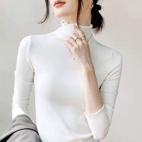 木耳边半高领长袖上衣女2023春季新款修身洋气西装内搭打底衫T恤商品大图
