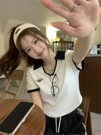 v领短袖polo衫女2024夏季新款学院风字母刺绣短款t恤正肩翻领上衣商品大图