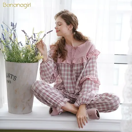 Bananagirl睡衣女春秋纯棉可爱长袖套头圆领女士家居服格子套装女商品大图