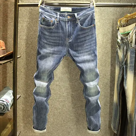 2024秋冬男士九分牛仔裤修身小直筒弹力显瘦经典蓝色高端水洗裤子商品大图