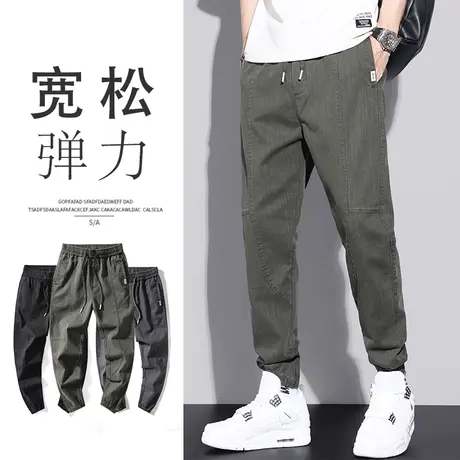 军绿色痞帅男裤子2024新款潮牌夏季春秋款九分工装男士牛仔休闲裤商品大图