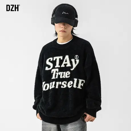 男士黑色提花毛衣男圆领冬季加厚潮牌男装2024新款套头针织衫上衣商品大图