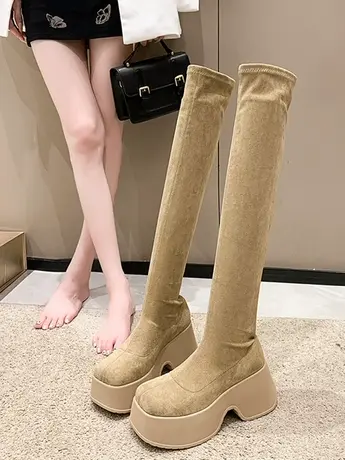 增高8CM加绒过膝长靴女2023秋冬新款欧美风弹力瘦瘦靴保暖时装靴商品大图