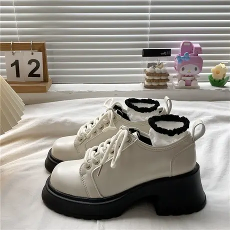 粗高跟系带小皮鞋女2023年春秋季新款英伦风黑色百搭厚底增高单鞋商品大图