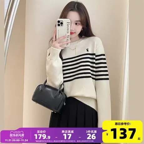 唐狮奶fufu慵懒毛衣女冬季超好看韩系圆领撞色条纹毛线衣PO商品大图
