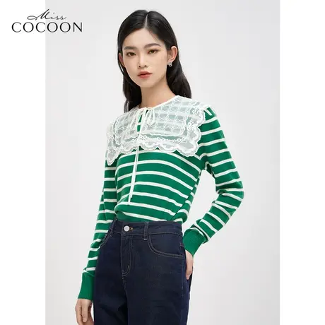 missCOCOON撞色条纹毛针织衫女2023新款春季设计感娃娃领羊毛上衣商品大图