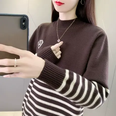 半高领毛衣女秋冬2023新款女装上衣宽松外穿内搭条纹针织打底衫女图片