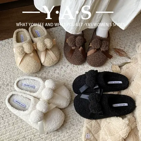 网红羊羔毛毛鞋女外穿秋冬2023年新款蝴蝶结加绒平底孕妇豆豆棉鞋图片