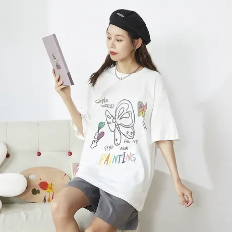 唐狮paint简笔画T恤少女夏新款趣味短袖白色打底内搭上衣设计感图片