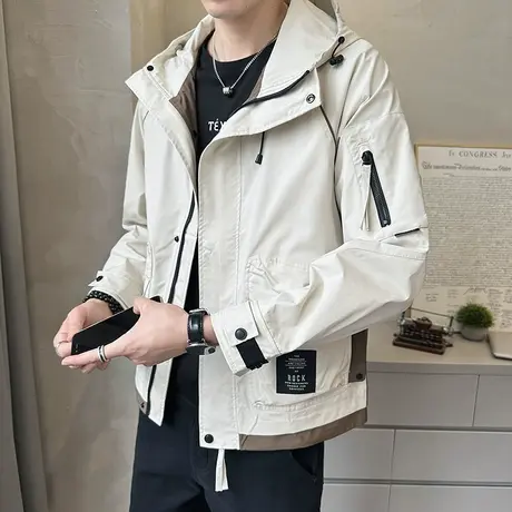 春秋款连帽工装冲锋衣男2023新款潮牌秋装夹克运动休闲口袋外套潮商品大图