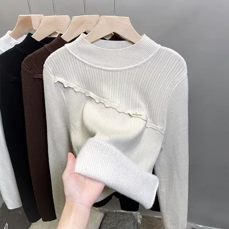 一体绒半高领毛衣女加绒加厚打底衫2023秋冬新款针织衫内搭上衣潮商品大图