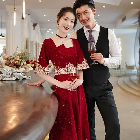 中式敬酒服新娘女夏季结婚红色礼服刺绣小个子中长款回门服答谢宴商品大图