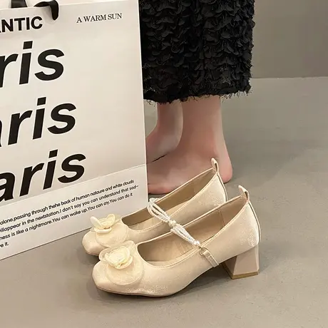 法式粗跟仙女鞋配裙子绸缎婚鞋日常可穿山茶花复古玛丽珍鞋高跟鞋商品大图