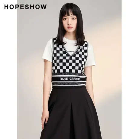 红袖复古格纹V领套头背心hopeshow2024春新款针织无袖马甲上衣女图片