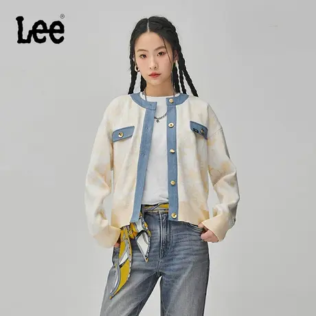 Lee商场同款24早春新品舒适版满印绣花牛仔布拼接本白色女毛衣潮图片