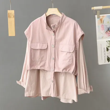 叠穿设计感小众衬衣韩版宽松休闲马甲拼接立领衬衫假两件上衣女装商品大图