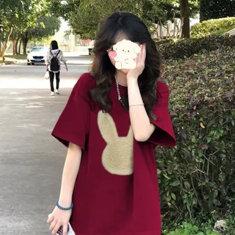 重磅纯棉兔子2023新款短袖t恤女圆领宽松春季oversize半袖上衣夏商品大图