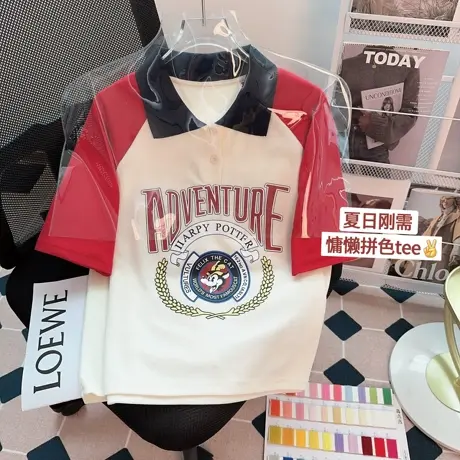 设计感polo衫插肩短袖t恤女夏季新款韩版宽松小众潮牌上衣小个子商品大图