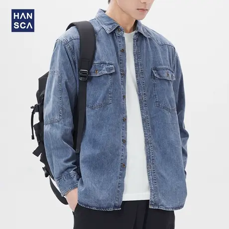 汉斯卡牛仔衬衫男长袖春季新款美式纯色宽松百搭纯棉休闲男装上衣商品大图