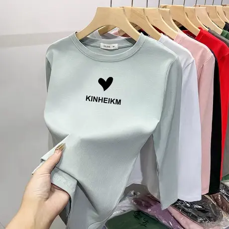 纯棉T恤女长袖印花春秋季正肩洋气减龄上衣内搭打底衫冬磨毛加厚图片