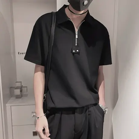 夏季POLO衫男纯色百搭小众高级感男装上衣轻熟休闲半拉链短袖T恤商品大图