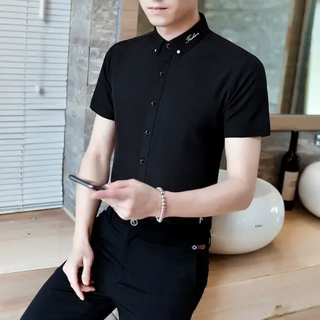 男士短袖衬衫夏季弹力免烫冰丝白衬衣潮流休闲男装韩版痞帅气寸衫图片