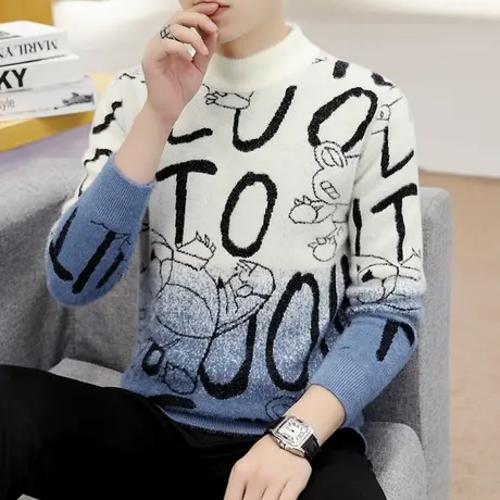 韩版新款水貂绒毛衣加厚保暖秋冬季男士半高领打底针织衫学生套头商品大图