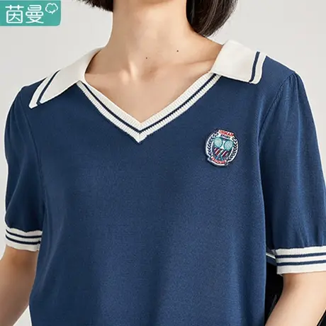 茵曼旗舰店2024新款春装短袖针织衫女宽松显瘦撞色学院风薄款上衣图片