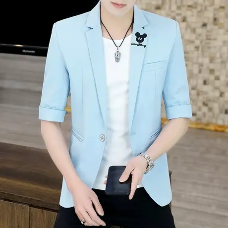 七分袖薄款小西装男士夏季韩版修身上衣潮流帅气休闲中袖西服外套商品大图