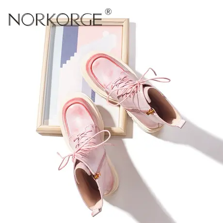 原创设计复古甜美蜜桃粉马丁靴女真皮粗跟厚底骑士靴短靴2023新款商品大图