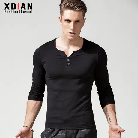 亨利领紧身长袖男T恤纯棉简约体恤纯色修身打底衫亨利衫复古上衣商品大图