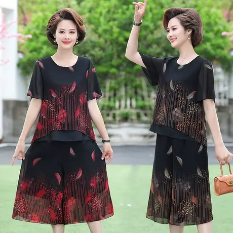 中年妈妈夏装短袖宽松两件套2021早夏新款中老年人女休闲大码套装商品大图