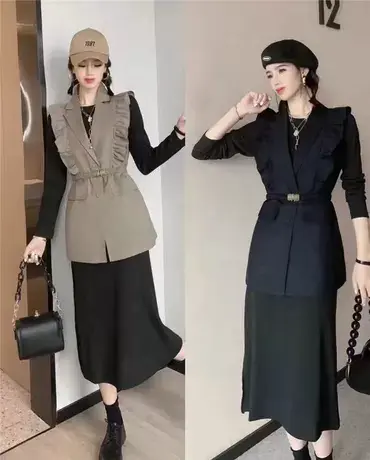 时尚收腰西装马甲外套女2023年春秋季新款洋气百搭中长款马夹套装图片