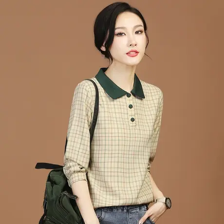 韩潮袭人文艺撞色POLO领格子长袖衬衫女2023秋装新款宽松衬衣上衣商品大图