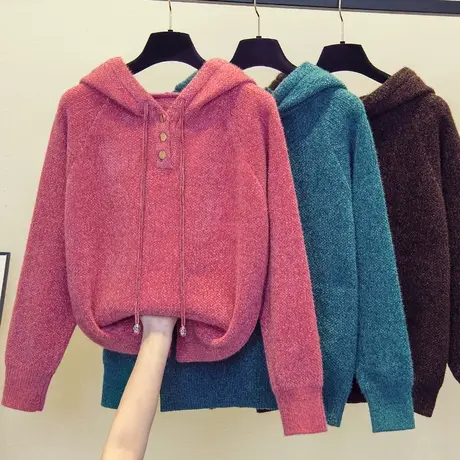 连帽水貂绒毛衣女套头2023秋冬新款宽松慵懒风外穿上衣加厚打底衫商品大图