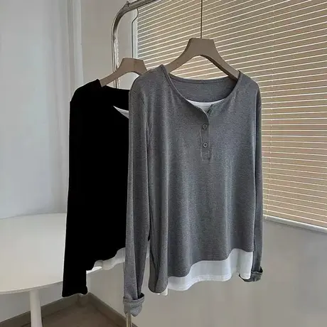 享永子棉质秋装T恤女宽松纯色简约休闲上衣百搭气质2023秋季新款商品大图
