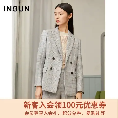 恩裳春季时尚绵羊毛通勤职业修身双排扣格子西装外套女图片