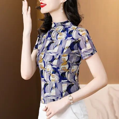 气质网纱上衣女短袖2023夏季新款时尚半高领T恤别致印花修身小衫商品大图
