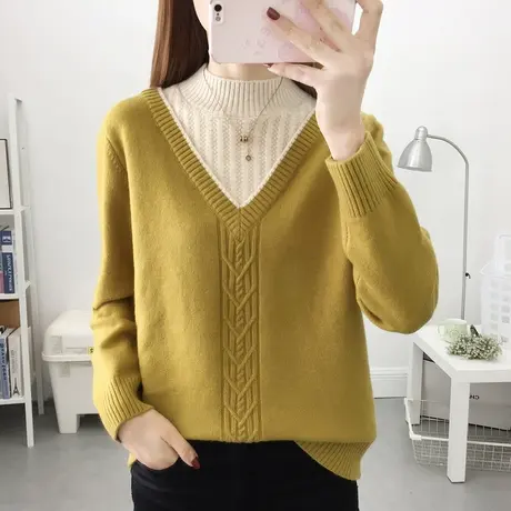 假两件毛衣女2023秋冬新款半高领加绒加厚针织打底衫外穿洋气百搭商品大图