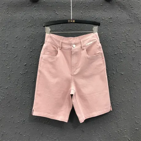 粉色少女感减龄高腰直筒裤女2023夏季新款港味显瘦休闲牛仔五分裤商品大图